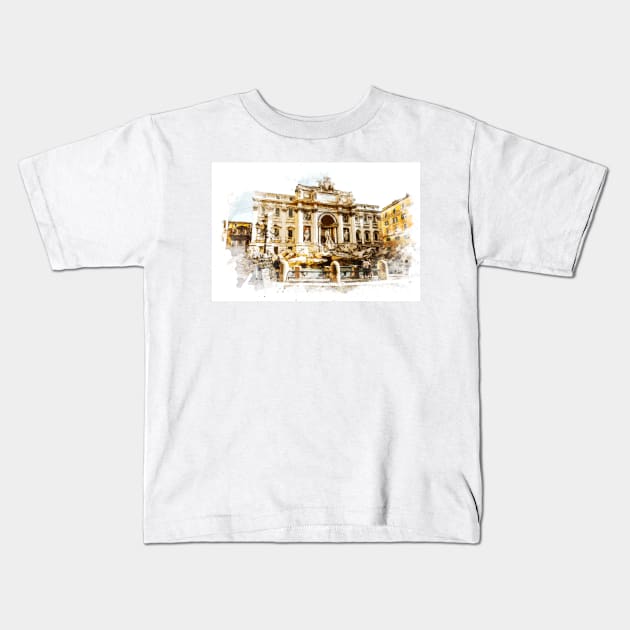 Captivating BEAUTY of  ROME Italy Trevi Fountain Watercolor Painting Travel Art Kids T-Shirt by Naumovski